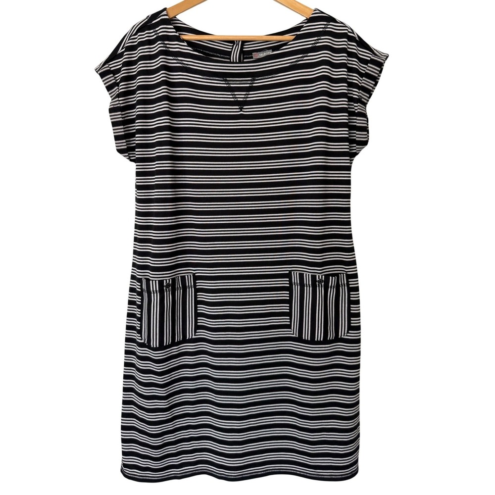 Talbots Womens Black White Striped Knit Shift Dress Large NWT 50807215